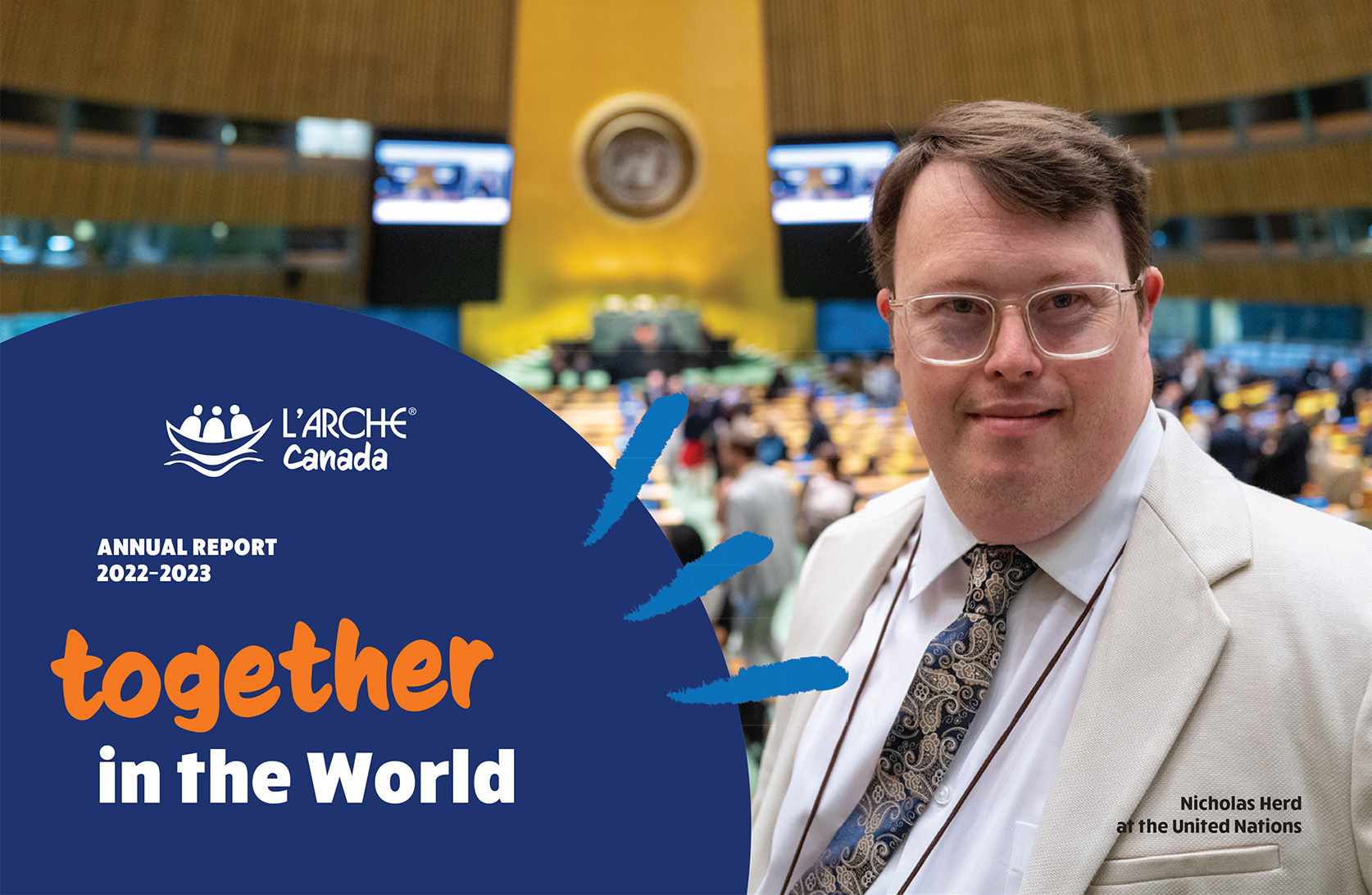 Cover image of the annual report with Nick at the United Nations