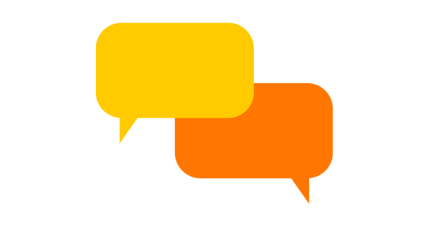 An illustration representing plain language, featuring two overlapping speech bubbles in yellow and orange, symbolizing clear and simple communication.