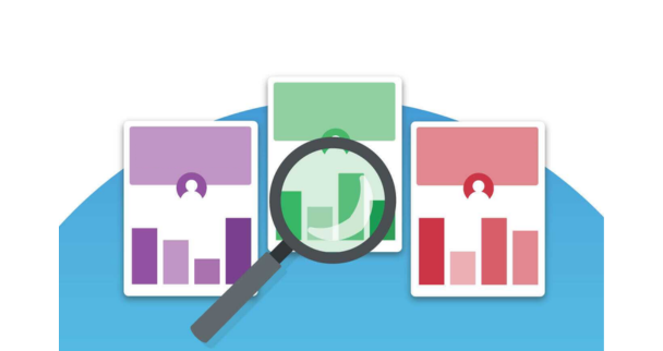 An illustration representing surveying, featuring three profile cards with bar charts in purple, green, and red. A magnifying glass highlights the green card, symbolizing data analysis and respondent insights